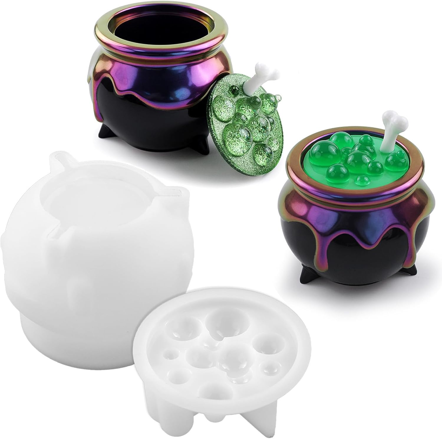 Witch Cauldron Resin Molds, Bubble Cauldron Jar Silicone Molds for Epoxy Resin Casting, Halloween Jar Mold with Lid DIY Jewelry Storage Box, Candy Container, Candle Jars