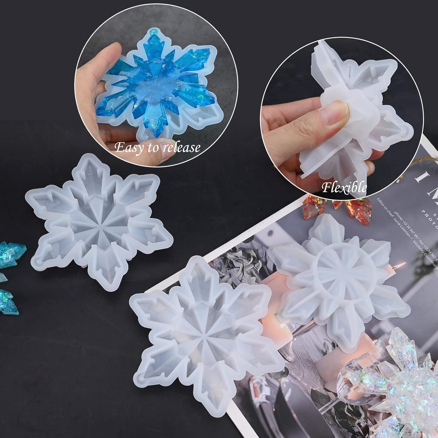 5 Pieces Christmas Silicone Resin Molds 3D Snowflake Molds Silicone Epoxy Casting Resin Mould for DIY Christmas Ornament Jewelry Pendant Decoration, Keychain