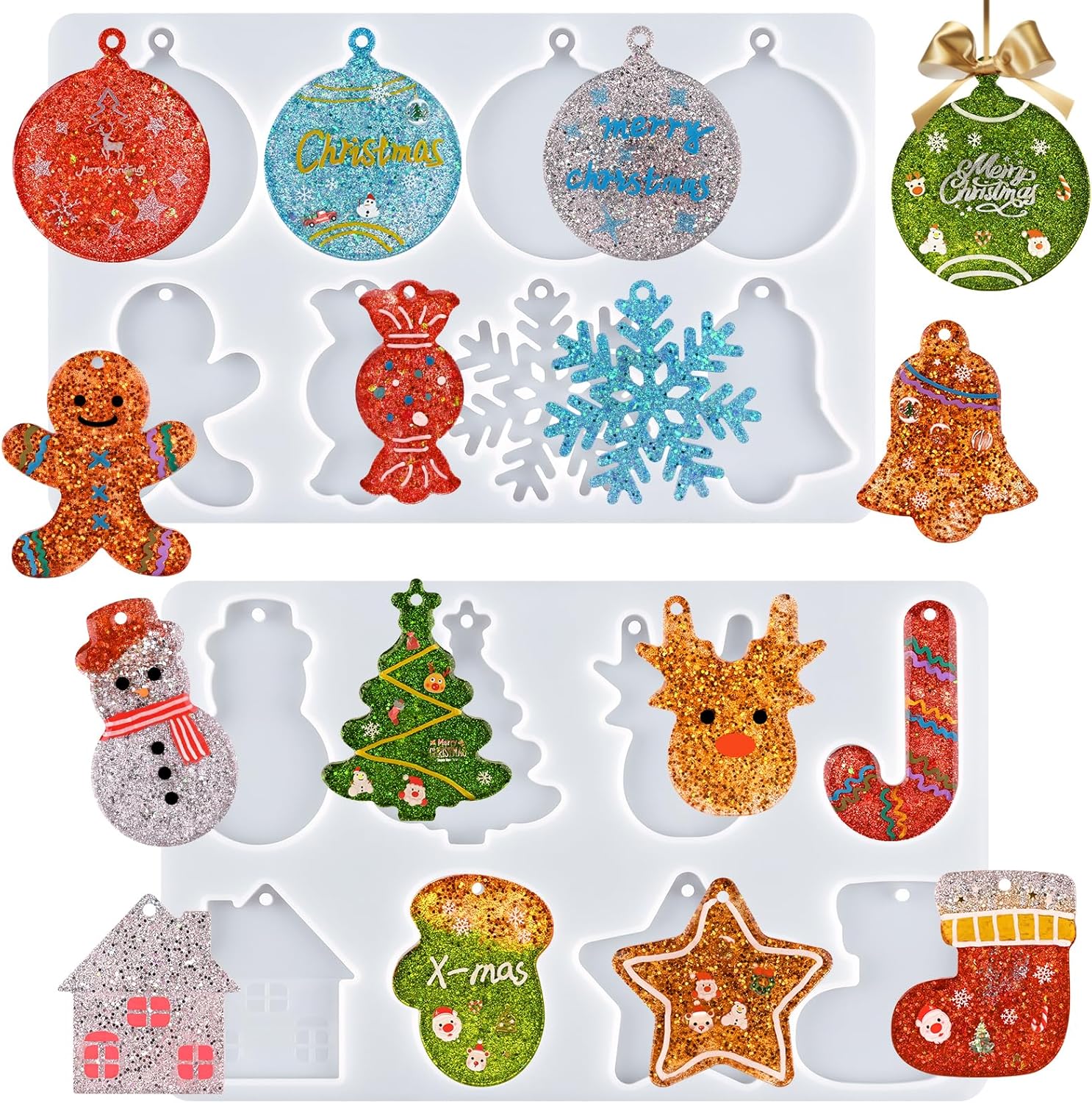 Christmas Resin Molds, 2 PCS Christmas Ornaments Silicone Molds for Epoxy Resin, 16 Cavities Large Pendant Molds DIY Resin Crafts Jewelry Keychain Xmas Gift Christmas Tree Decor