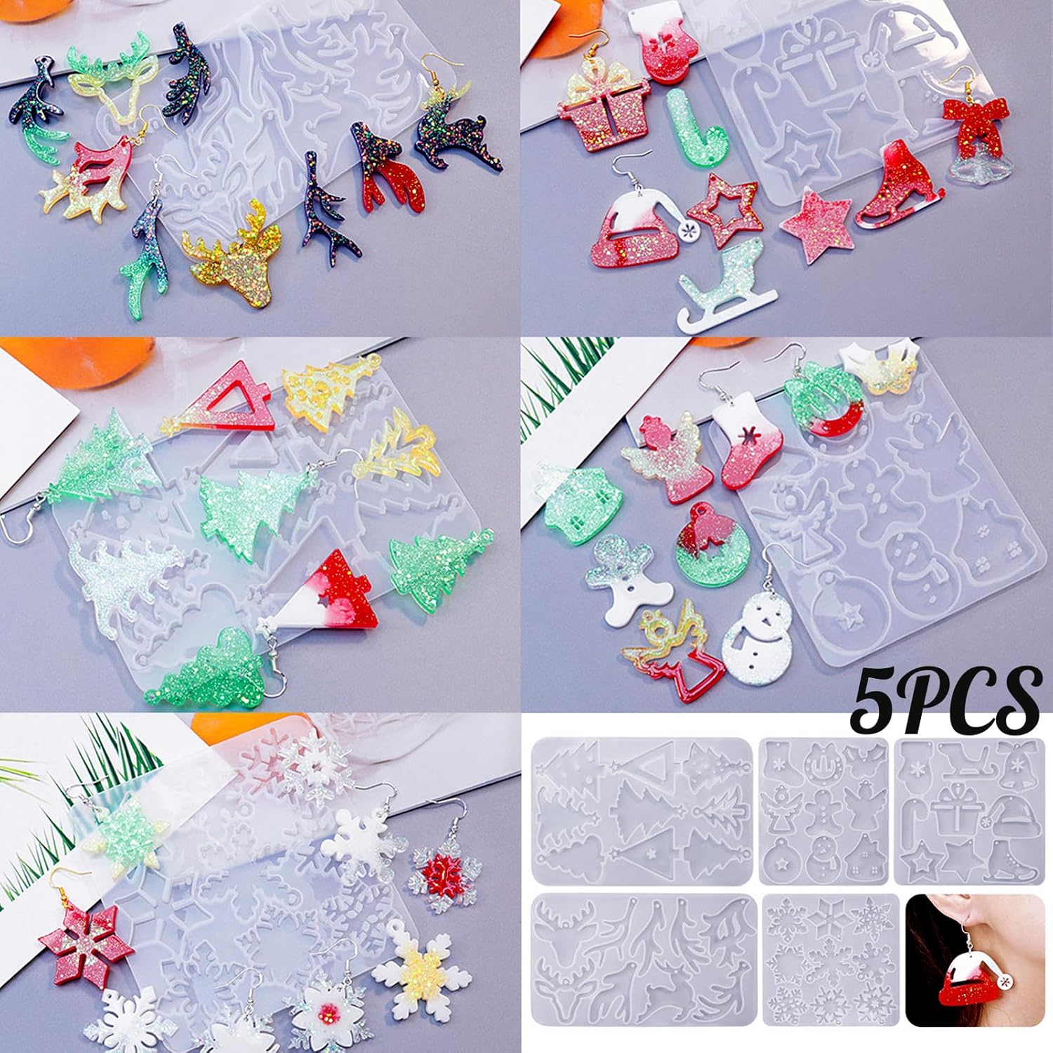 (5 Pack) Resin Earring Molds, Resin Jewelry Molds Christmas Silicone Pendant Molds Various Shapes Christmas Tree Snowflake Snowman Elk for DIY Earring Pendant Keychain Ornament Gift - Craft Resin US
