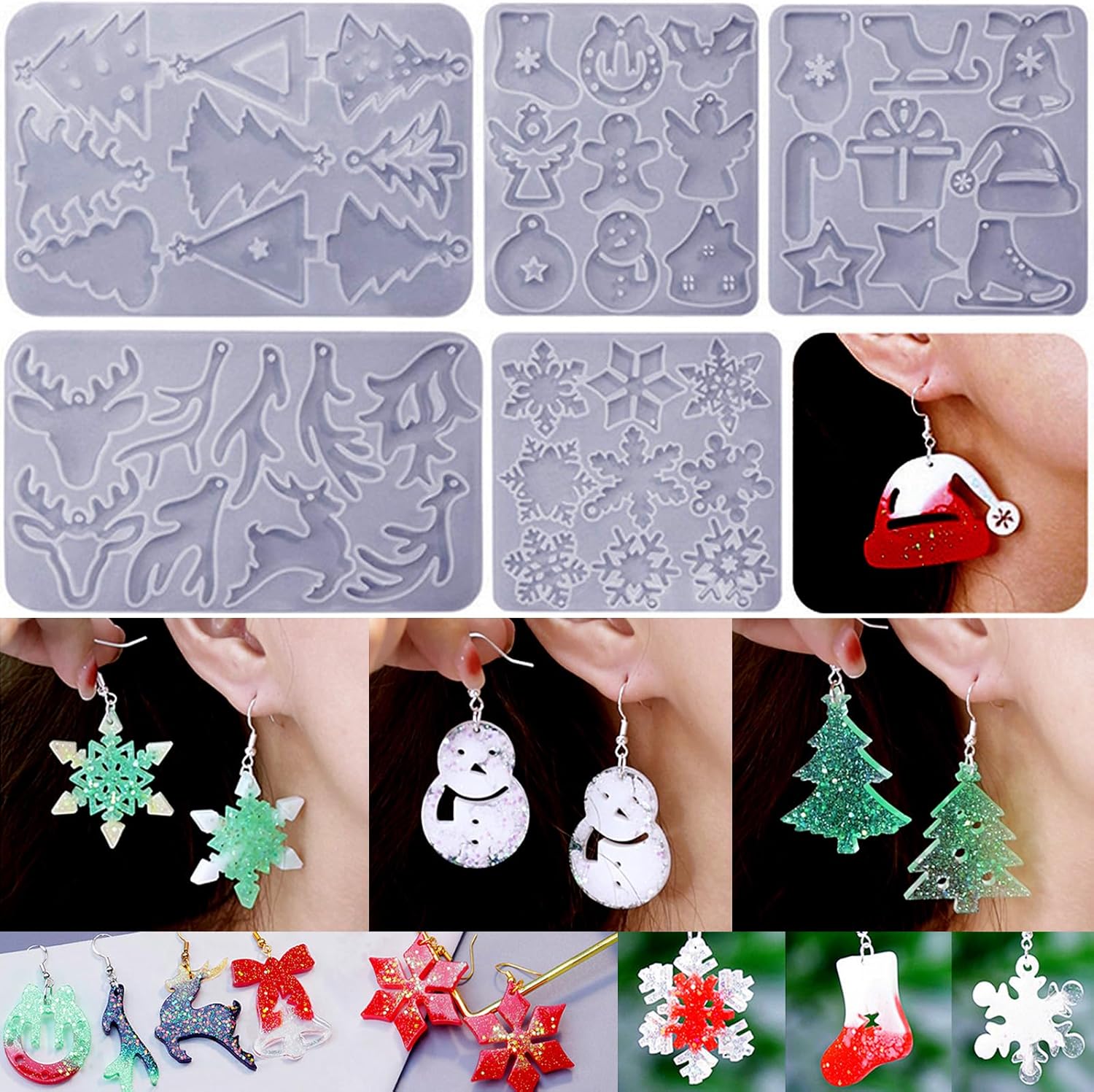 (5 Pack) Resin Earring Molds, Resin Jewelry Molds Christmas Silicone Pendant Molds Various Shapes Christmas Tree Snowflake Snowman Elk for DIY Earring Pendant Keychain Ornament Gift - Craft Resin US