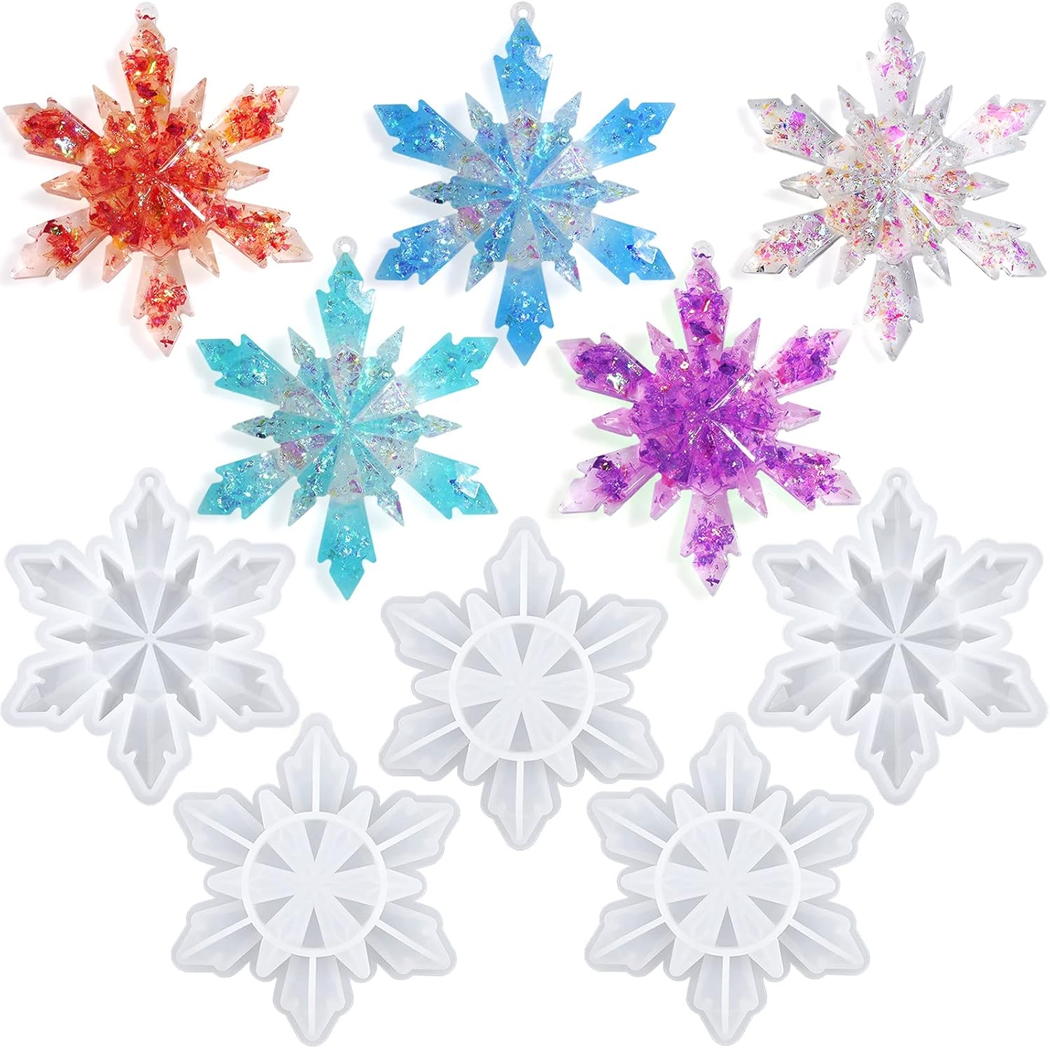 5 Pieces Christmas Silicone Resin Molds 3D Snowflake Molds Silicone Epoxy Casting Resin Mould for DIY Christmas Ornament Jewelry Pendant Decoration, Keychain